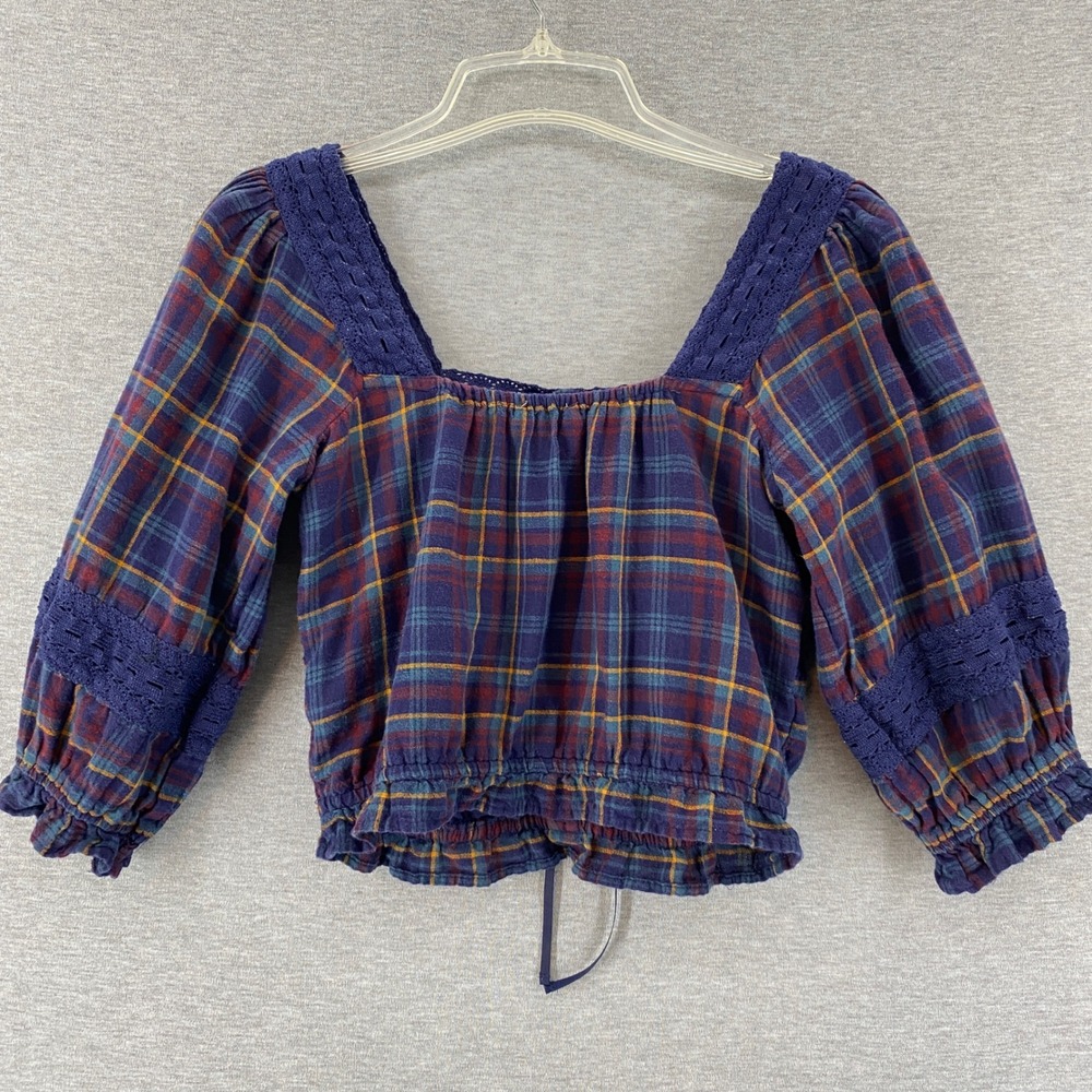American Eagle Plaid Eyelet Lace Crop Top Purple Blue Small‎ Boho Cottagecore - Picture 3 of 8